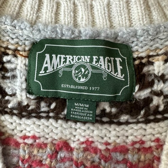 Vintage-Inspired American Eagle Knit Cardigan Sweater Nordic Pattern Button-Up - Picture 2 of 6